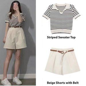 new with tag _2 pieces striped sweater top + cream beige shorts with belt_ S/M